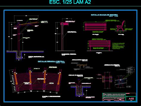 Planos de Detalle de pergola y banca para plaza principal en Pérgolas