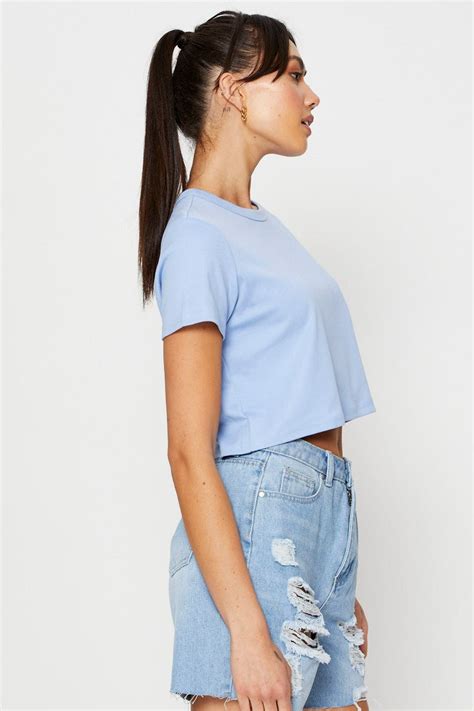 Womens Blue T Shirt Short Sleeve Crop Crew Neck Cotton Ally Fashion