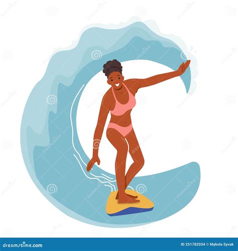 Una Joven Surfista Personaje En Bikini Se Pone De Pie En La Tabla De