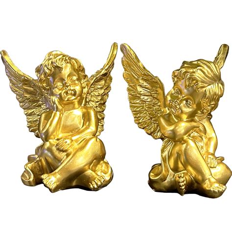 Set Of 2 Gold Angels Statue Figurines Indoor Outdoor Angel Cherubs