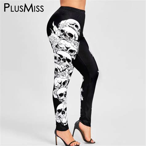 Plusmiss Plus Size Halloween Skull Leggings Women Black High Waist Sexy