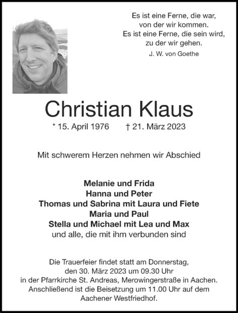 Traueranzeigen Von Christian Klaus Aachen Gedenkt