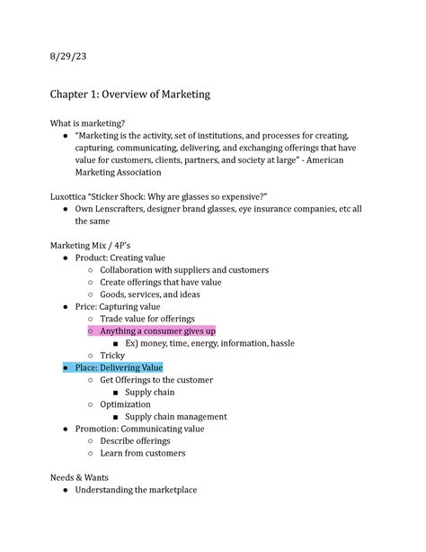 Marketing Notes Exam 1 829 Chapter 1 Overview Of Marketing What Is