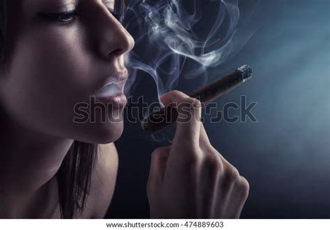 Woman Cigar Exhaling Smoke On Dark Stock Photo Edit Now 474889603