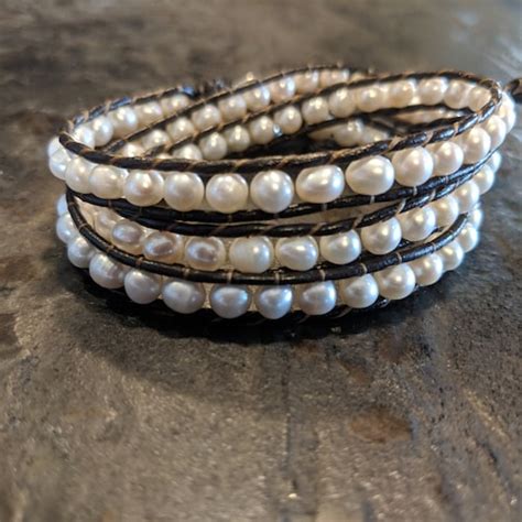 Leather And Freshwater Pearl Wrap Bracelet White Pearls Real Etsy