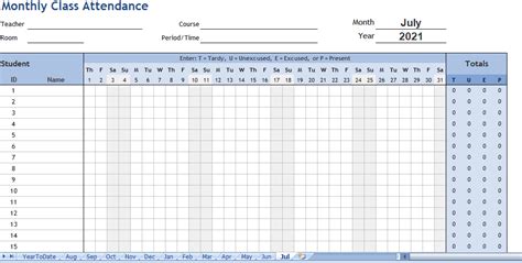 Download Monthly Class Attendance Sheet Format in Excel Sheet