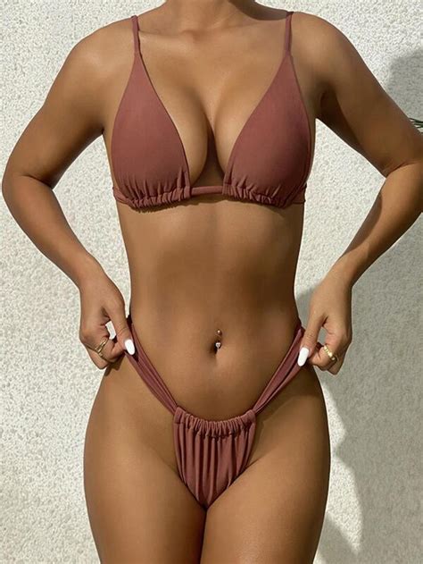 Bañador bikini con tanga triángulo unicolor Moda de Mujer SHEIN México