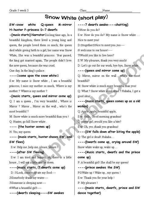 Short Playsnow White ESL Worksheet By Xiuwenyue