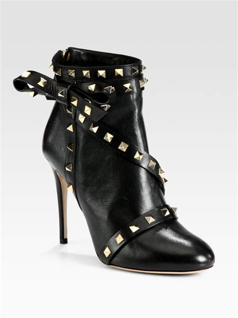 Valentino Rockstud Leather Bow Ankle Boots In Black Lyst