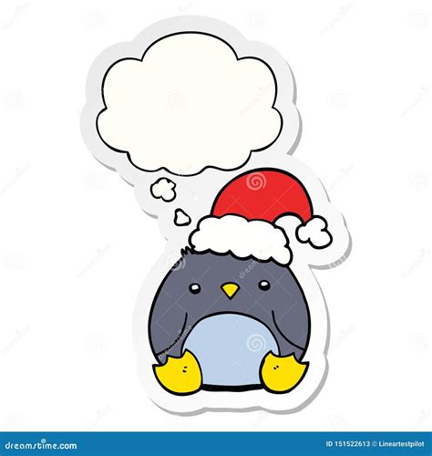 A Creative Cute Cartoon Penguin Wearing Christmas Hat And Thought