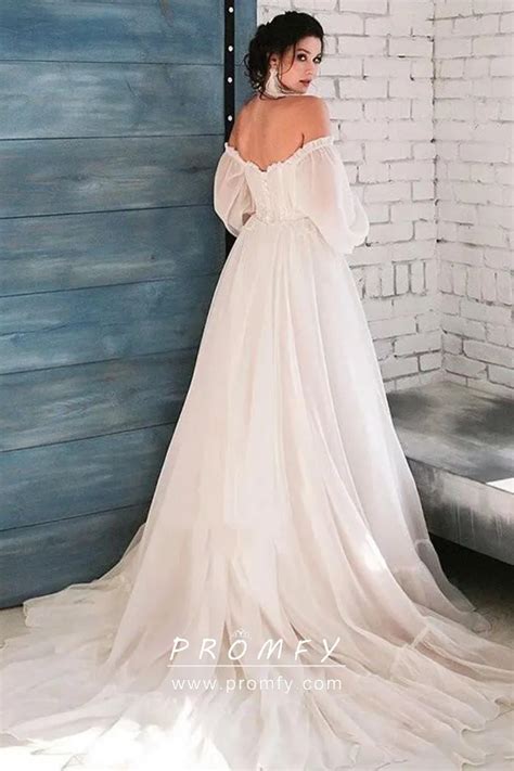 Off Shoulder Long Puff Sleeve Chiffon Wedding Dress Promfy