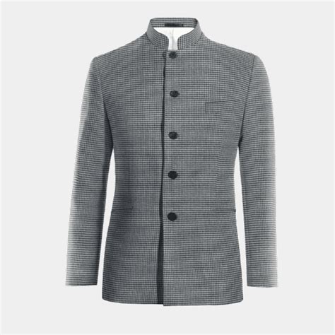 Grey Houndstooth Tweed Mao Suit Jacket