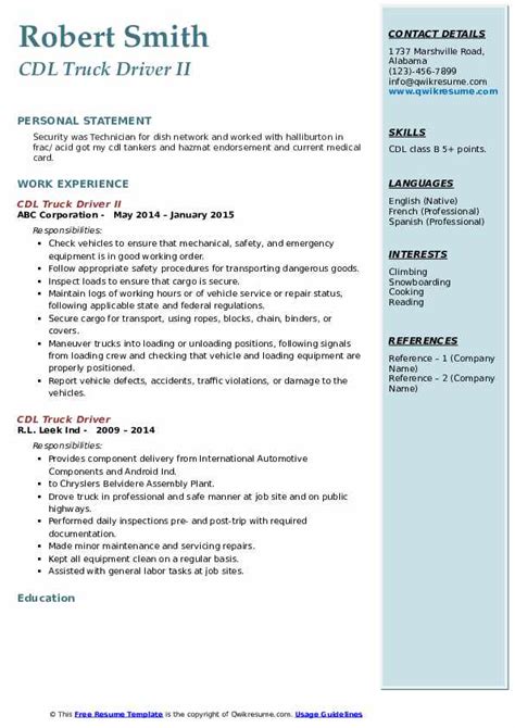 Cdl Truck Driver Resume Samples Qwikresume