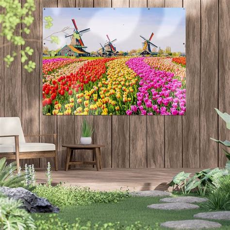 Gards Tuinposter Kleurrijke Tulpen Bloemenveld Windmolen X Cm