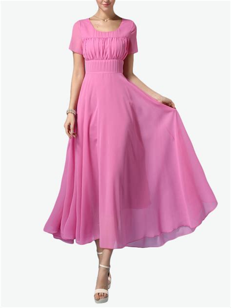 Short Sleeves Chiffon Split Pleated Maxi Dress