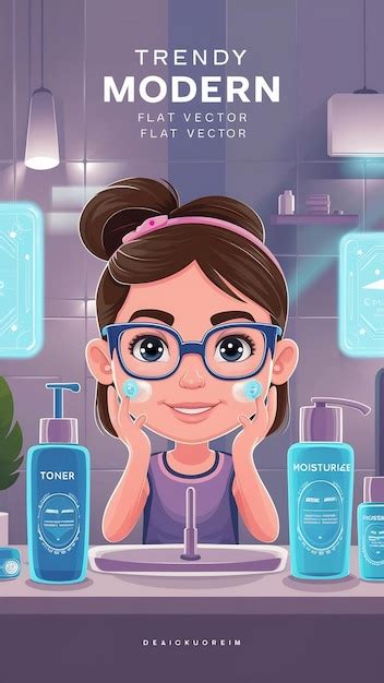 Girl Applies Face Skin Care Routine Cartoon Style Character Trendy