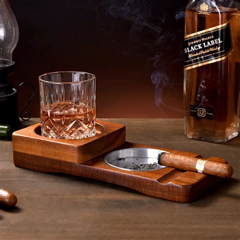 Creative 2 In 1 Whiskey Wine Glass Holder Ashtray Desk Wood Cup Rack Cigar Holder For Bar Home