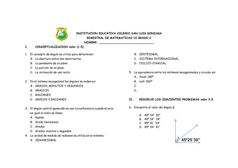 ANGULOS SISTEMA RADIAL Y SEXAGESIMAL INSTITUCION EDUCATIVA COLEGIO