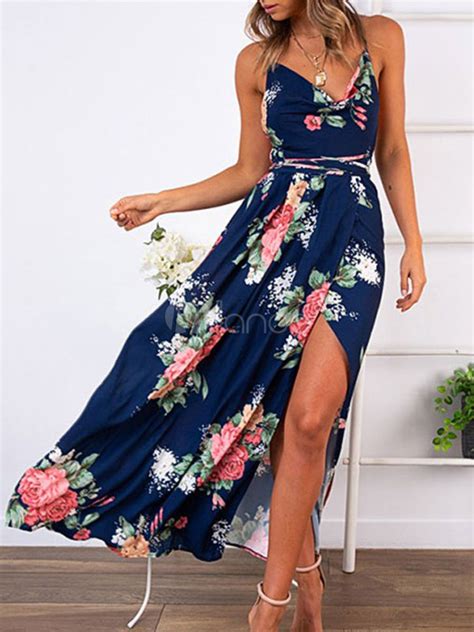 Maxikleid ärmellos Sommerkleider lang Blau mit Rollkragen und