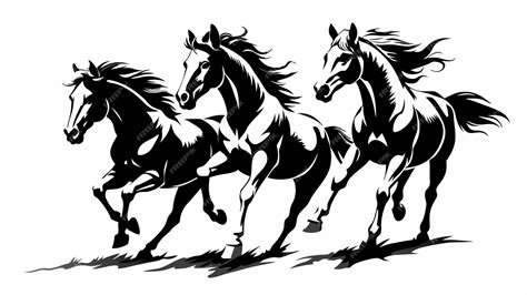 Chinese Black And White Ink Painting Of Three Horses Galloping