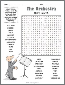 INSTRUMENTS OF THE ORCHESTRA Word Search Puzzle Worksheet Activity