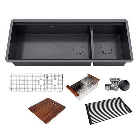 All In One Series Undermount Stainless Steel 48 In Double Bowl Kitchen Sink In Galaxy Black