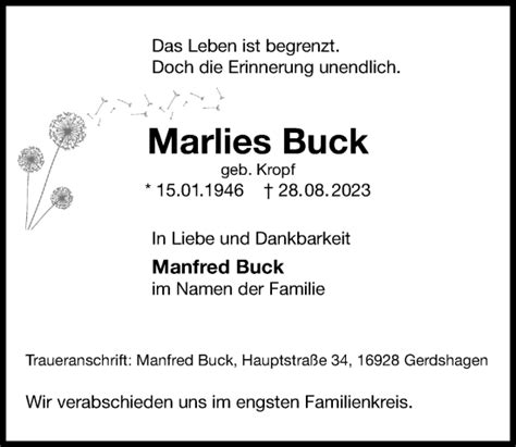 Traueranzeigen Von Marlies Buck Trauer Anzeigen De