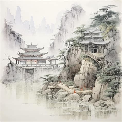 Premium AI Image | Chinese painting line draft pavilion ink painting Ai generated art