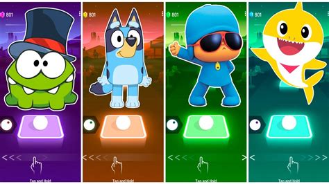 Om Nom VS Bluey Bingo VS Pocoyo VS Baby Shark Tiles Hop EDM Rush