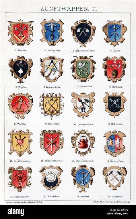 Old guild emblems, symbols of craft guilds, historical Chromotafel ... 