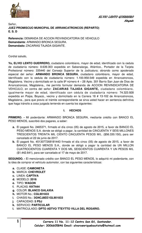 Demanda DE Accion Reivindicatoria Abogado 1 Carrera 11 No 11 12