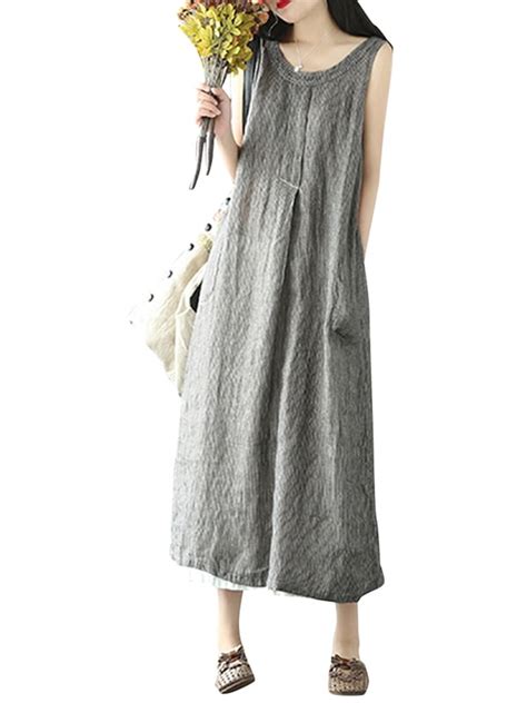 Zanzea Womens Dress Sleeveless Vintage Cotton Linen Robe Side Pockets