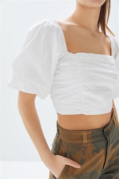 Uo Sabrina Ruched Puff Sleeve Cropped Top Urban Outfitters Crop