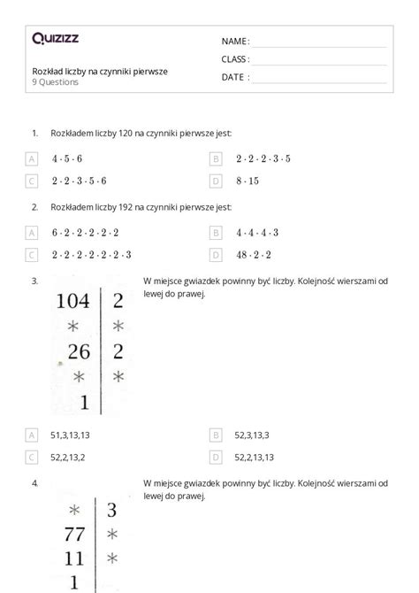 Ponad Rozk Ad Na Czynniki Arkuszy Roboczych Dla Klasa W Quizizz