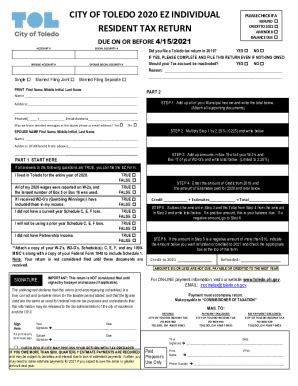 CITY OF TOLEDO 2020 EZ INDIVIDUAL RESIDENT TAX RETURN Fill And Sign