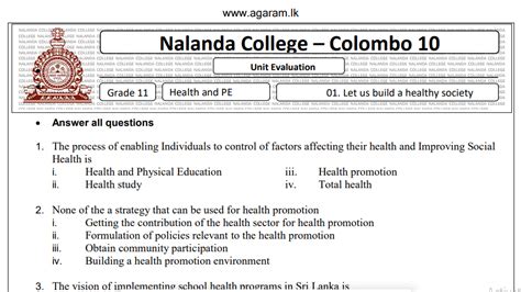 Health And Physical Education Unit Exam Paper 01 Grade 11