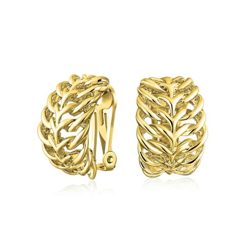 Bling Jewelry Fashion Open Weave Cable Leaf Feather Wide Half Hoop Clip On Earrings For Women