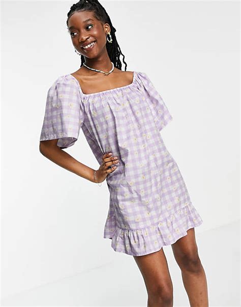 Wednesdays Girl Relaxed Mini Smock Dress In Daisy Printed Gingham Asos