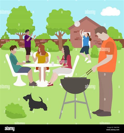 Vector Illustration With People Having Bbq Party In The Backyard Bbq