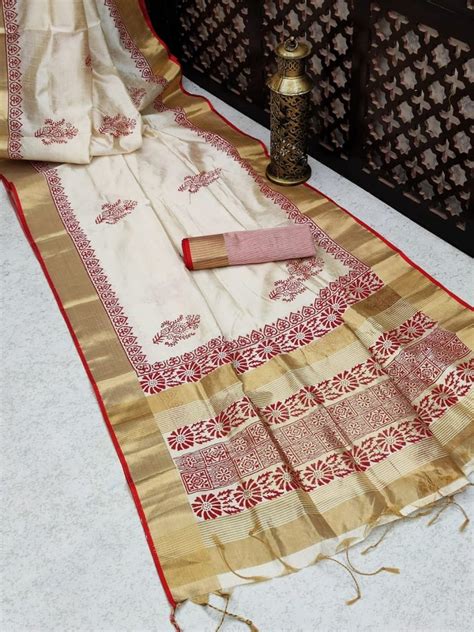 Wedding Wear Printed Assam Silk Saree M Separate Blouse Piece At