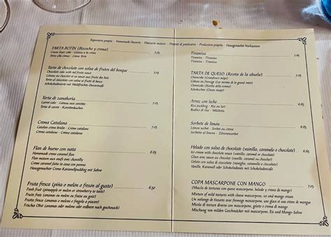 Menu at Restaurante Botín, Madrid