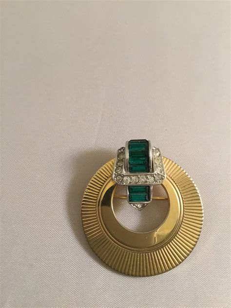 Vintage BOUCHER Gold Tone Belt Buckle Design Deco Circle PIN W Green