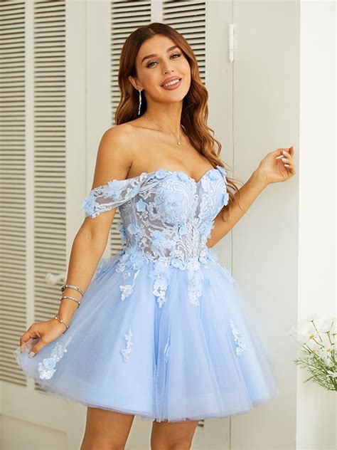 A Line Princess Tulle Applique Off The Shoulder Sleeveless Short Mini