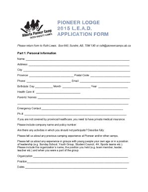 Fillable Online Pioneer Lodge Lead Application Form Fax Email