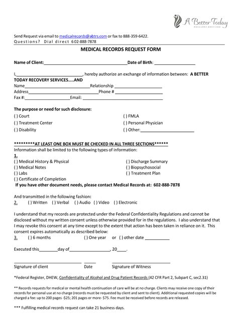 Fillable Online Medical Records Request Form Pdf A Better Today