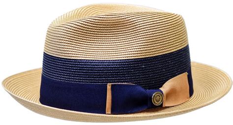 Bruno Capelo Mens Summer Straw Fedora Hat Camel Navy Two Tone Da542