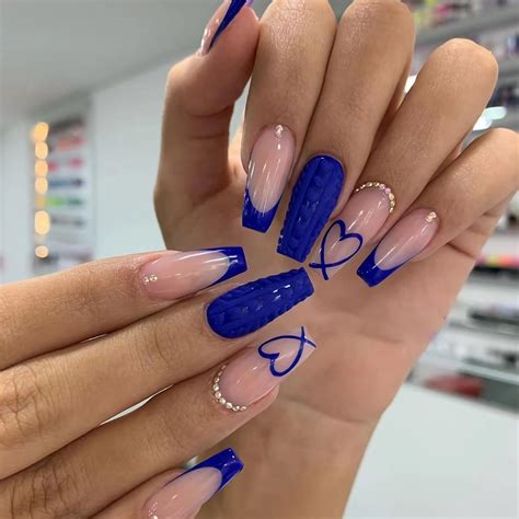 Rikview Coffin Press On Nails Long Fake Nails Blue And White Nails With Rhinestones