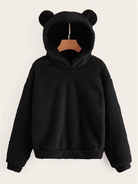 Drop Shoulder Solid Teddy Hoodie With Bear Ears Black Xxl In 2021