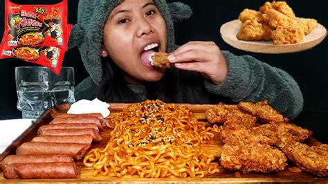 Mukbang Samyang Spicy Fire Noodles Crispy Chicken And Sausage