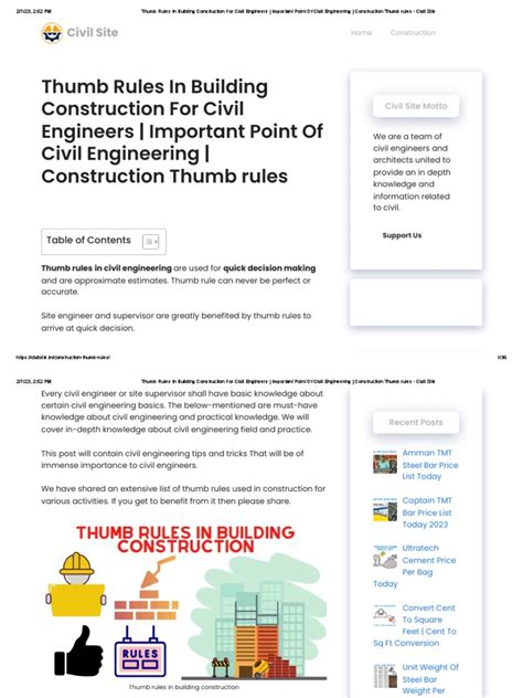 Thumb Rules In Building Construction For Civil Engineers Important